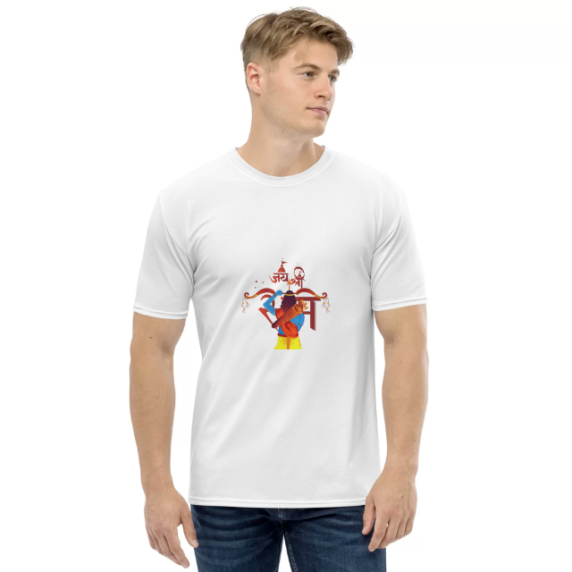 White T-Shirt with a modern graphic illustration of Shri Ram holding a bow and arrow, and "जय श्री" (Jai Shri) written in Devanagari script.
