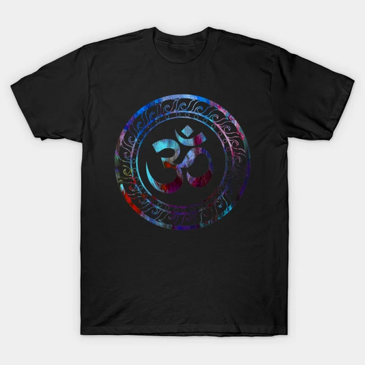 Black T-Shirt with a circular mandala design featuring a vibrant Om symbol in the center.