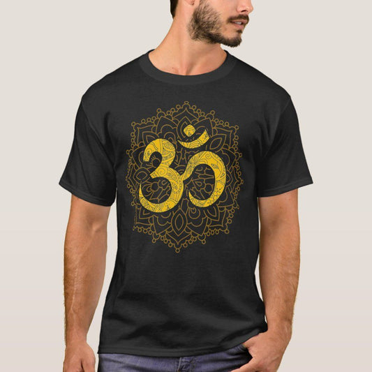 Black T-Shirt with a gold Om symbol and a gold mandala design.