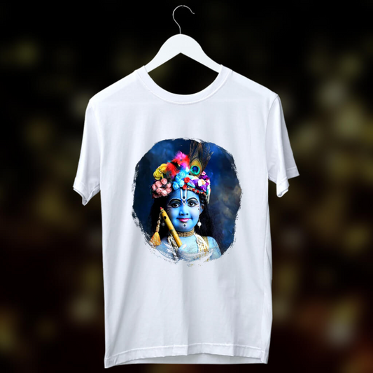 White t-shirt with a detailed, colorful portrait of Bal Gopal (baby Krishna) with a decorative crown.