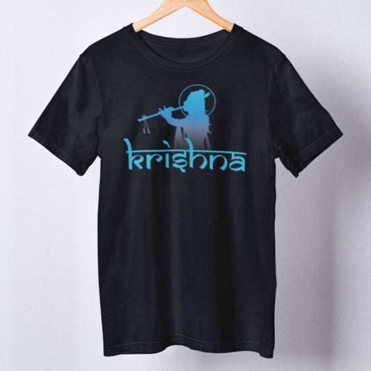 Black t-shirt with a blue silhouette of Krishna playing the flute and "Krishna" written in modern script below.