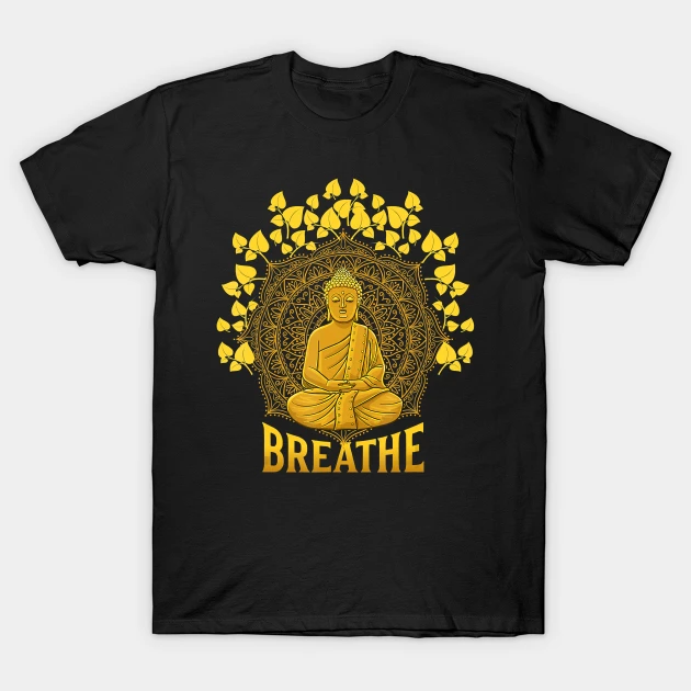 A black t-shirt featuring a golden Buddha, mandala, and "Breathe," a reminder of mindfulness and inner peace.