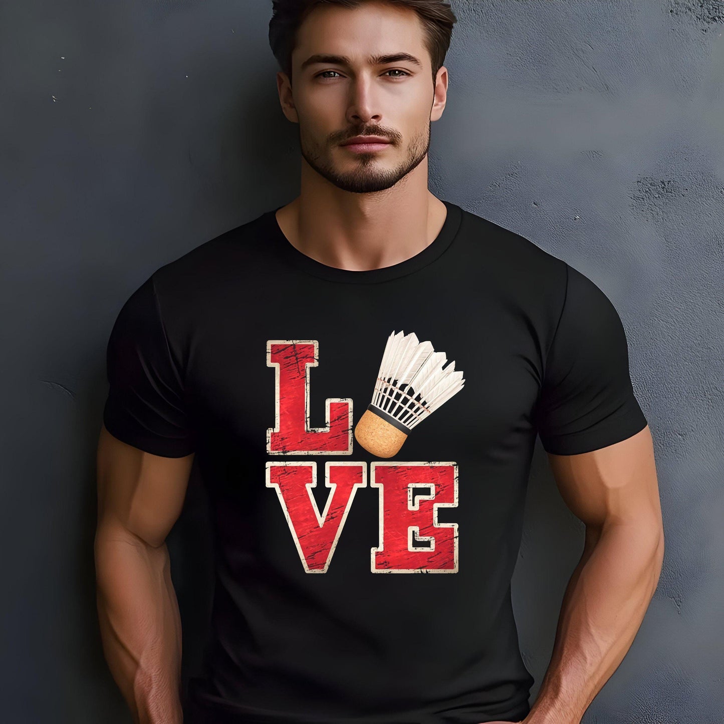 Black t-shirt with "LOVE" and a shuttlecock in place of the "O", worn by a man.