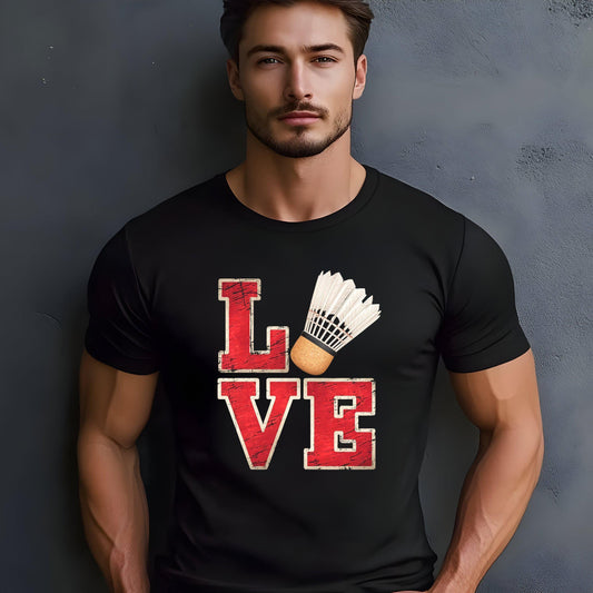 Black t-shirt with "LOVE" and a shuttlecock in place of the "O", worn by a man.