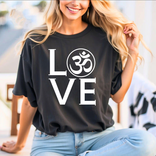 Black T-Shirt with the word "LOVE" in white and an Om symbol integrated into the "O".