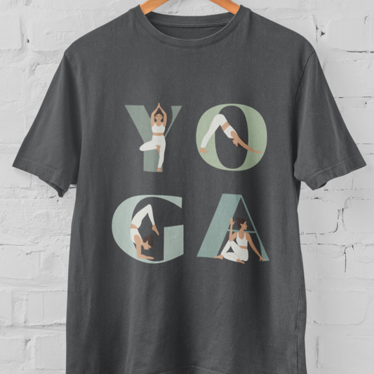 Dark gray t-shirt with "YOGA" letters, each containing a woman in a yoga pose.