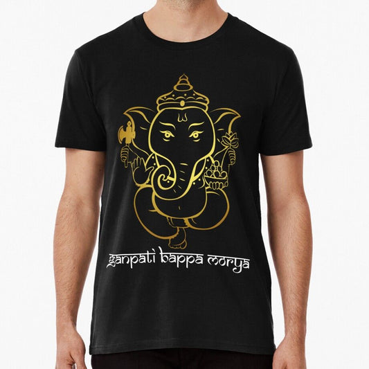 A black t-shirt featuring a golden Ganesh and "Ganpati Bappa Morya," a sacred expression of devotion.