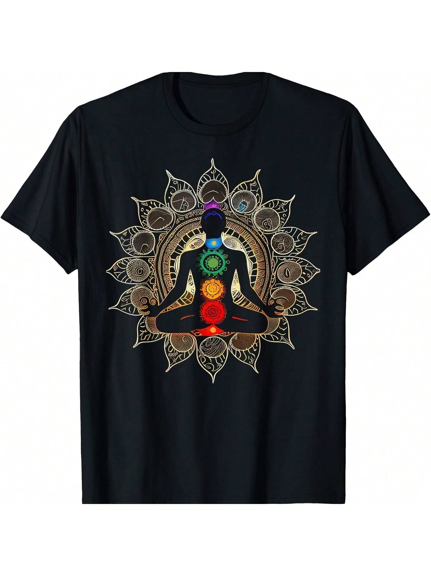 Black T-Shirt with a graphic of a person meditating in a lotus pose, displaying the seven chakra colors along their spine, set against a golden mandala design.