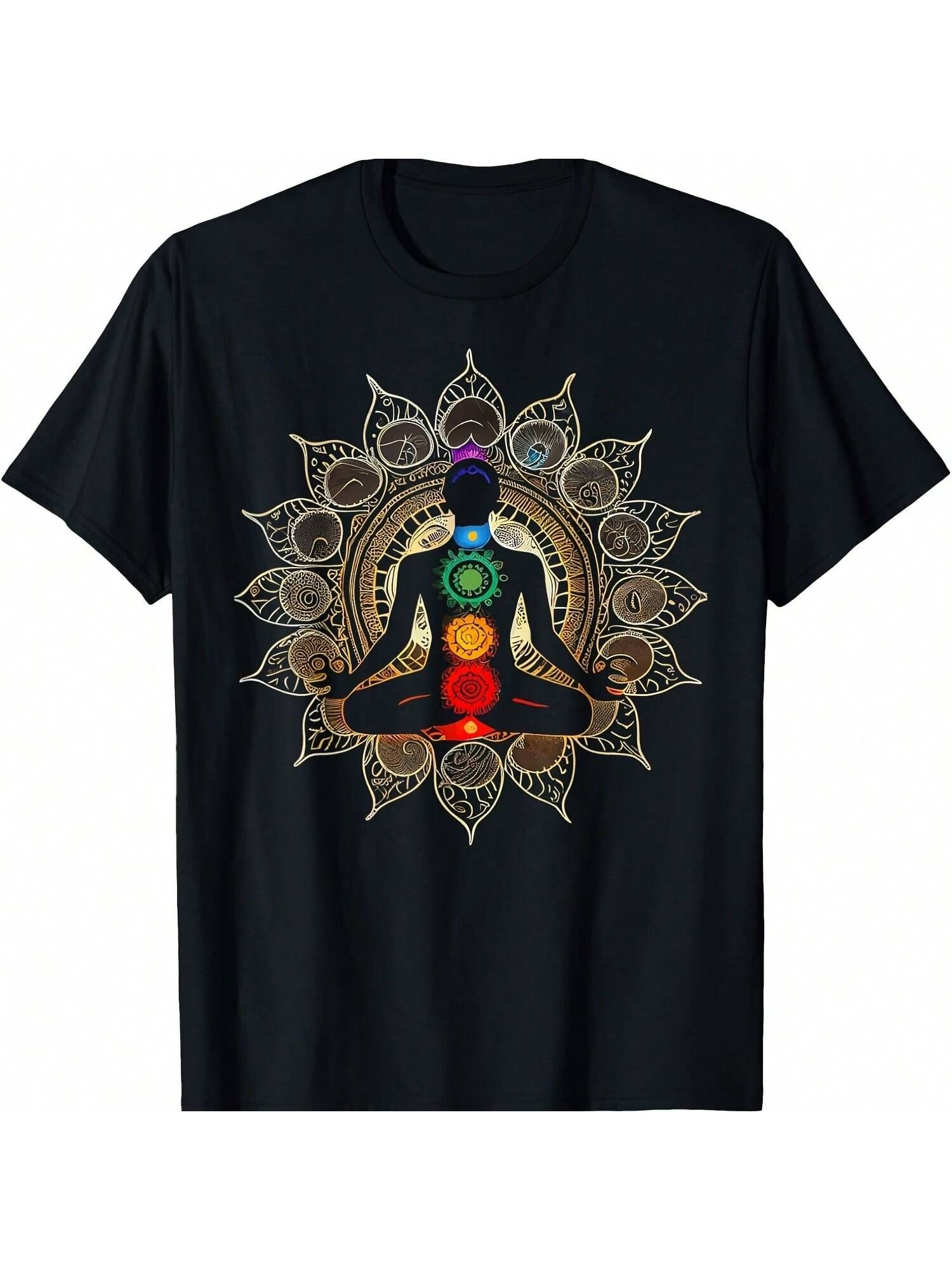 Black T-Shirt with a graphic of a person meditating in a lotus pose, displaying the seven chakra colors along their spine, set against a golden mandala design.