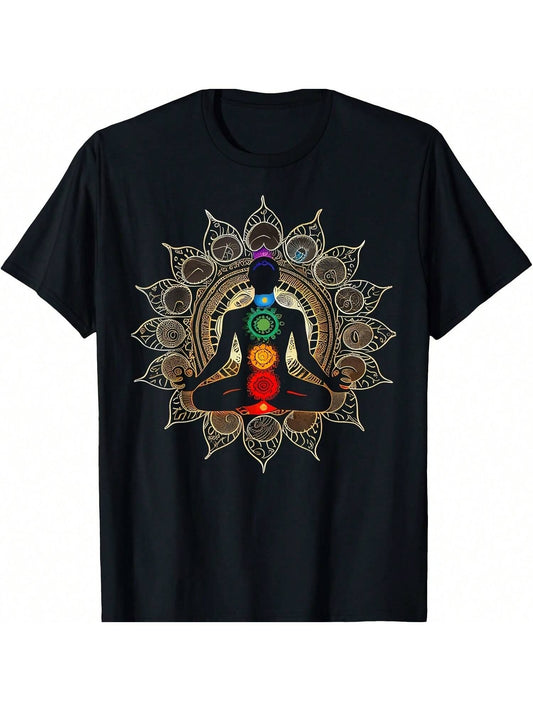 Black T-Shirt with a graphic of a person meditating in a lotus pose, displaying the seven chakra colors along their spine, set against a golden mandala design.
