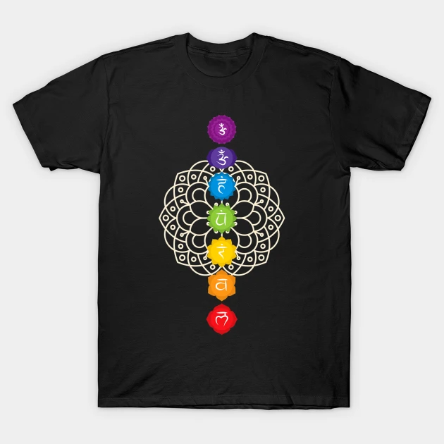 Black T-Shirt with a white mandala design and seven colorful chakra symbols arranged vertically, suitable for yoga or meditation.