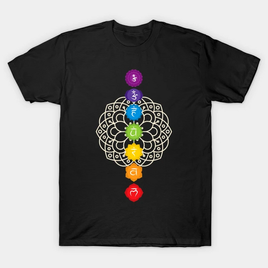 Black T-Shirt with a white mandala design and seven colorful chakra symbols arranged vertically, suitable for yoga or meditation.