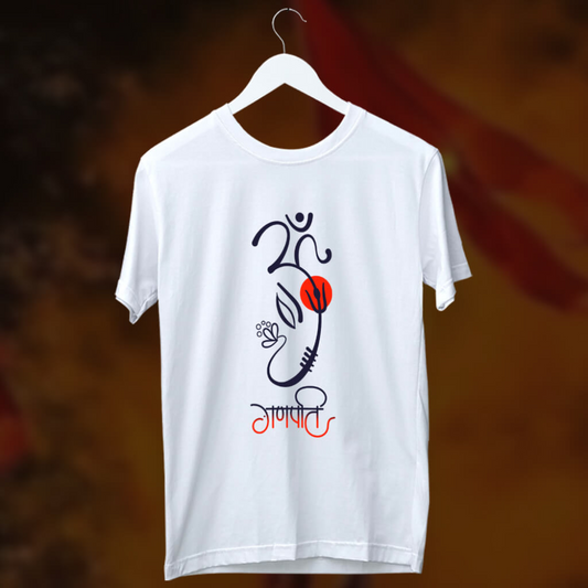 A white t-shirt featuring a stylized Ganesh with Om and "Ganpati" script, a sacred blessing to wear.