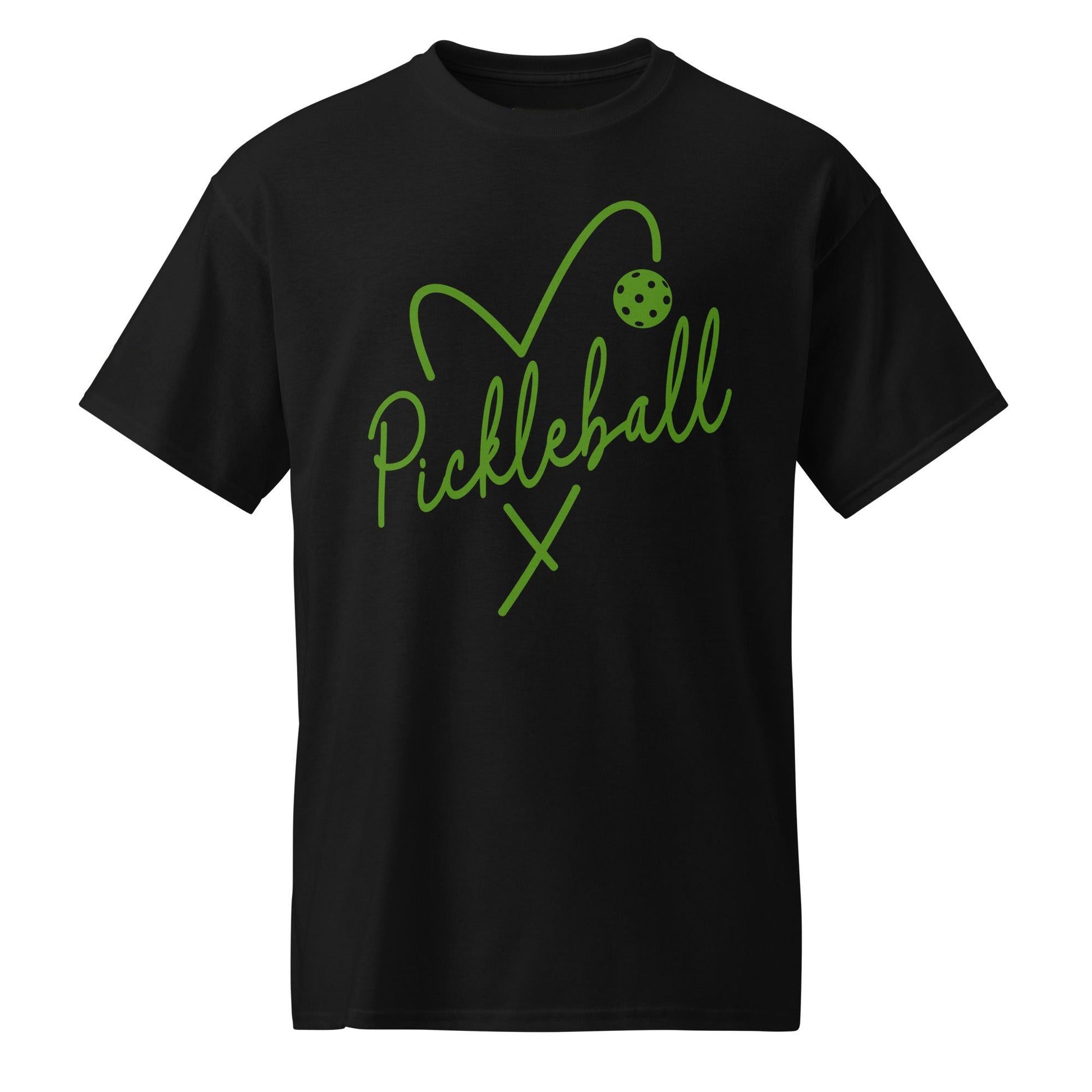 Black t-shirt with green "Pickleball" text and heart & ball graphic.