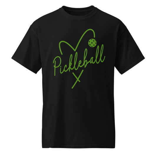 Black t-shirt with green "Pickleball" text and heart & ball graphic.