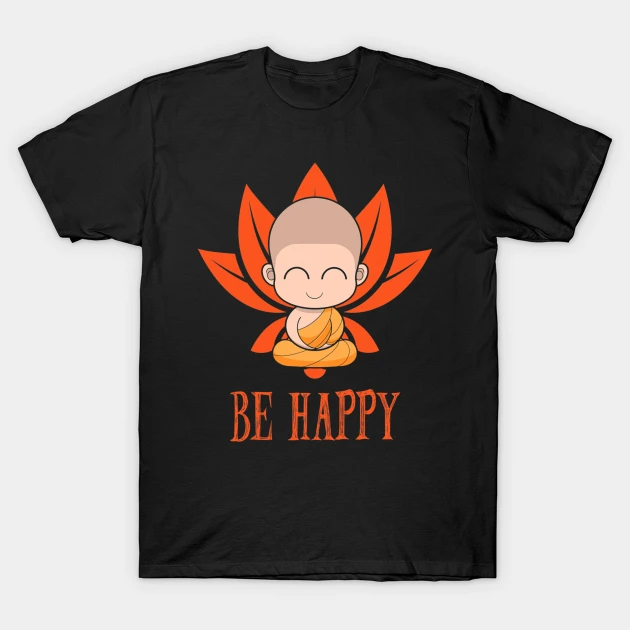 A black t-shirt featuring a cartoon monk meditating in a lotus with "BE HAPPY," a reminder of inner peace and joy.