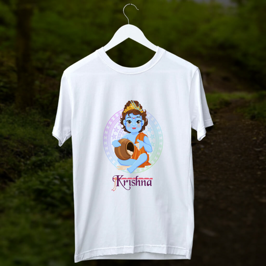 White t-shirt with a colorful illustration of Bal Krishna holding a pot, with "Krishna" written below.