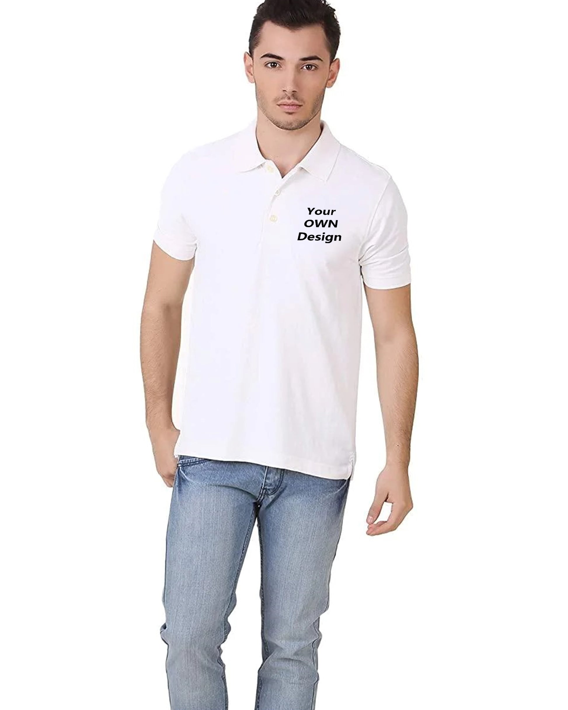 Man in polo t-shirt with custom chest design print