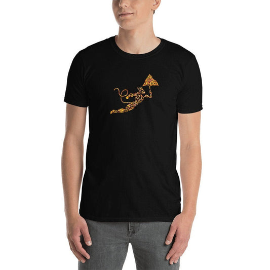 Black T-Shirt with a gold patterned graphic illustration of Hanuman flying with a part of a mountain.