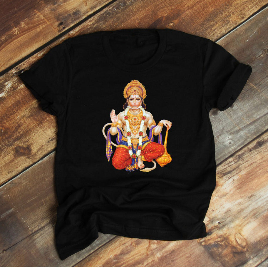 Black T-Shirt with a traditional graphic illustration of Hanuman sitting in a meditative pose.