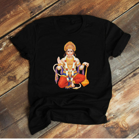 Black T-Shirt with a traditional graphic illustration of Hanuman sitting in a meditative pose.