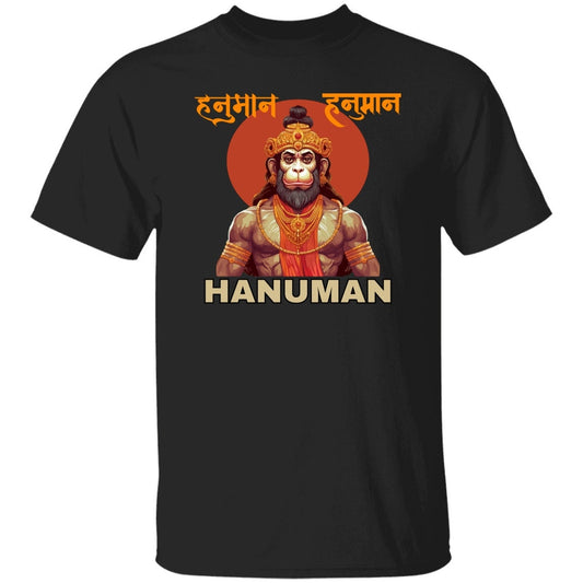 Black T-Shirt with a graphic portrait of Hanuman, "हनुमान" written in Devanagari script, and "HANUMAN" written in English script.