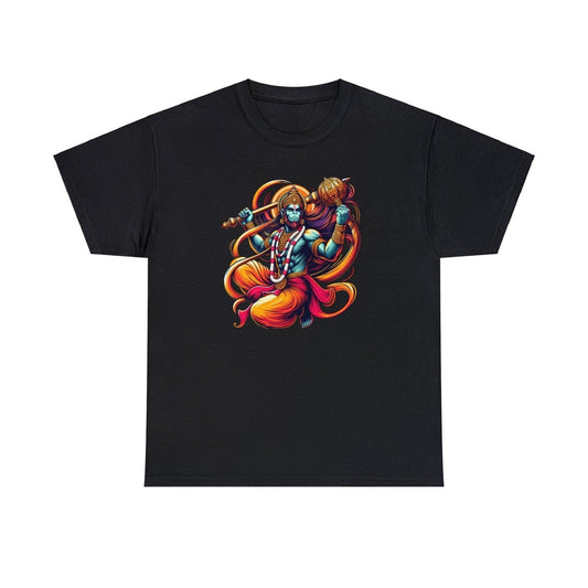 Black T-Shirt with a vibrant graphic illustration of Hanuman holding a gada (mace).