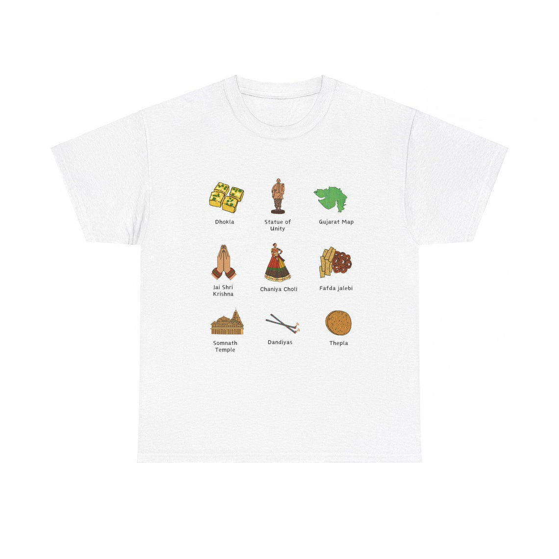 White t-shirt with 9 illustrated icons representing Gujarati culture, including food, clothing, landmarks, and greetings. Cotton blend t-shirts, available in various sizes.