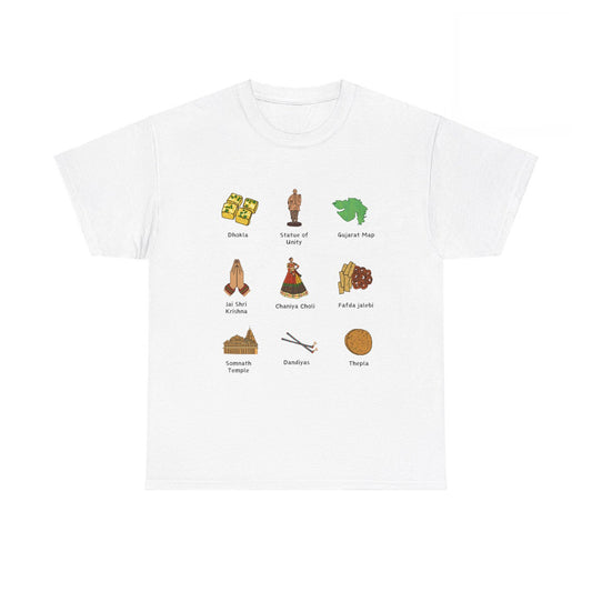 White t-shirt with 9 illustrated icons representing Gujarati culture, including food, clothing, landmarks, and greetings. Cotton blend t-shirts, available in various sizes.