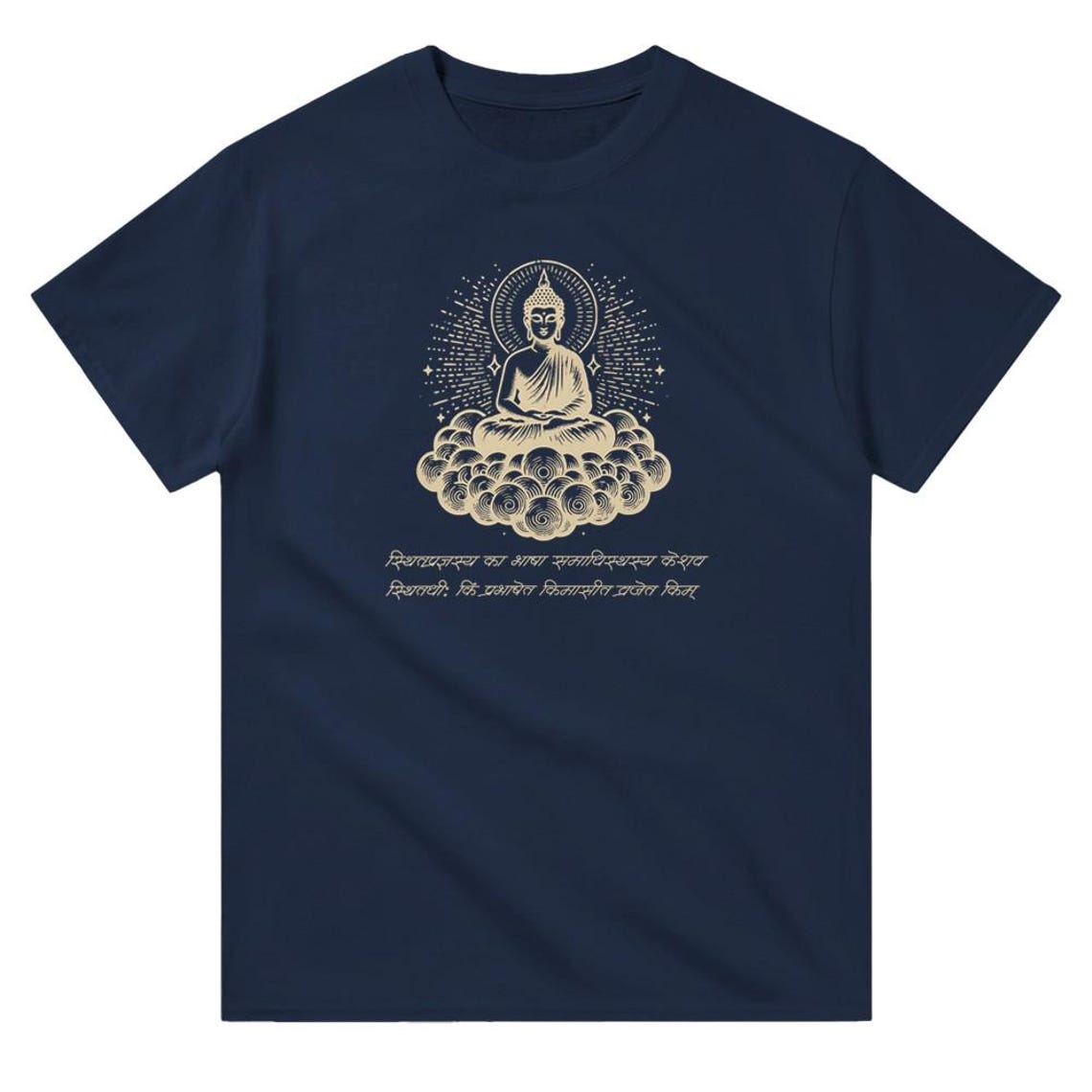 A navy blue T-Shirt featuring a golden Buddha illustration and Pali scripture, a symbol of peace and enlightenment. 