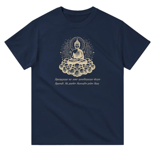 A navy blue T-Shirt featuring a golden Buddha illustration and Pali scripture, a symbol of peace and enlightenment. 