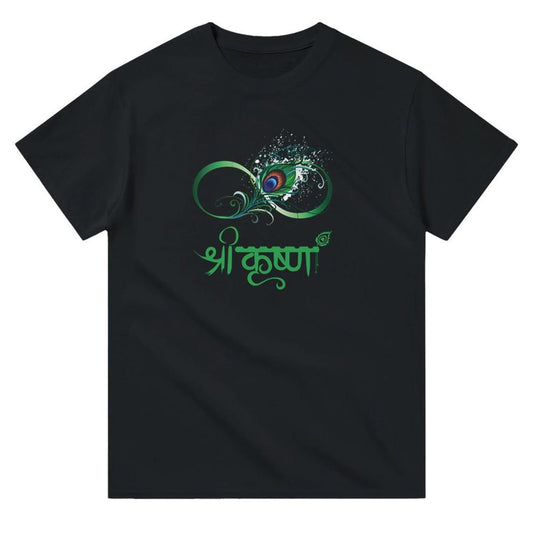 Black t-shirt with a stylized green infinity symbol incorporating a peacock feather eye and the words "Shri Krishna" in Devanagari script below.