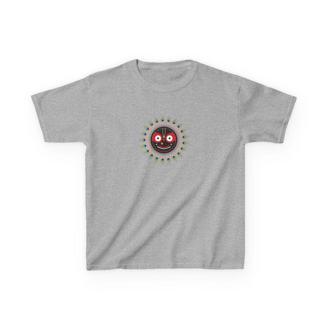 A gray t-shirt with Jagannath's gentle eyes, radiating a peaceful and divine aura.