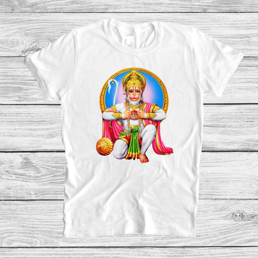 White T-Shirt with a traditional graphic illustration of Hanuman kneeling in a devotional pose.
