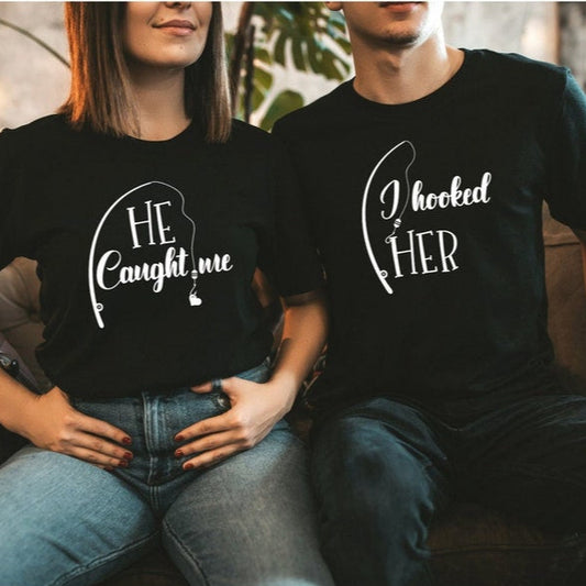 I Hooked Her & He Caught Me Short Sleeve Couple T-Shirts