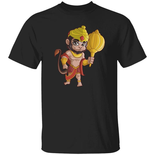Black T-Shirt with an animated-style illustration of Hanuman holding a golden gada (mace).