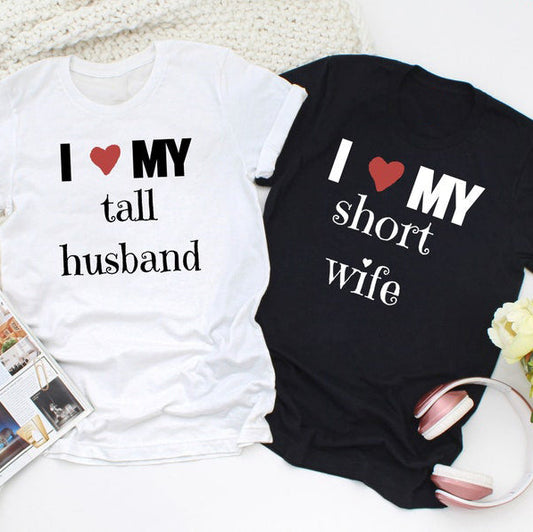 I ❤ My Tall Husband & I ❤ My Short Wife Short Sleeve Couple T-Shirts