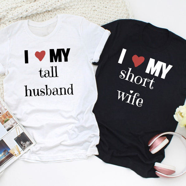 I ❤ My Tall Husband & I ❤ My Short Wife Couple Hoodies