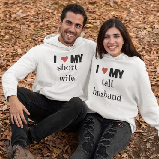 I ❤ My Tall Husband & I ❤ My Short Wife Couple Hoodies