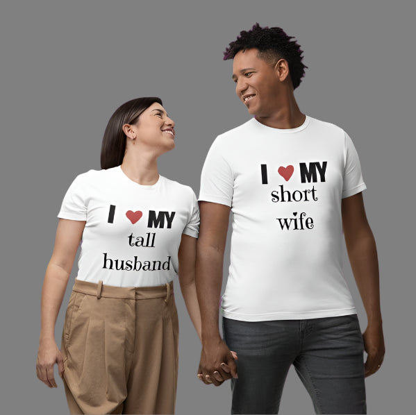 I ❤ My Tall Husband & I ❤ My Short Wife Short Sleeve Couple T-Shirts