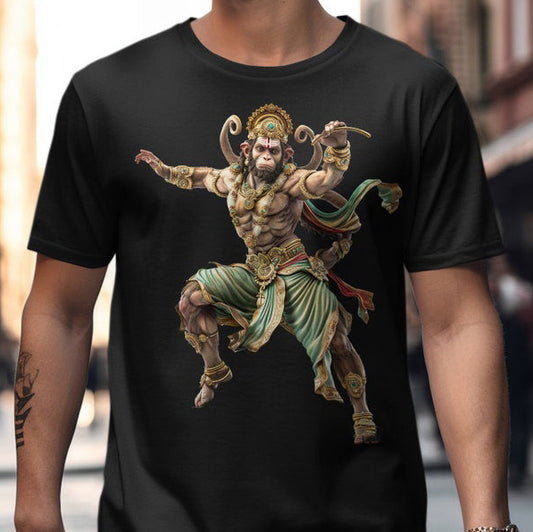 Black T-Shirt with a detailed graphic illustration of Hanuman in a warrior pose.