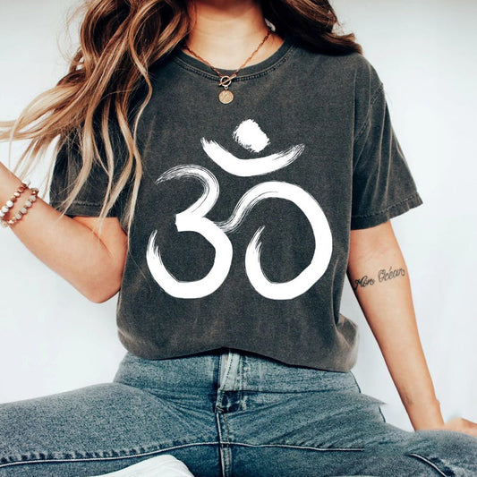 Dark grey T-Shirt with a white, distressed-style graphic of the Om symbol.