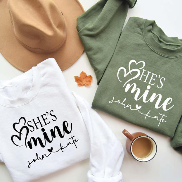 Custom Names With He's Mine & She's Mine Long Sleeve Couple T-Shirts