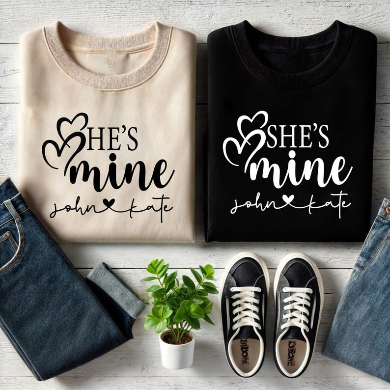 Custom Names With He's Mine & She's Mine Long Sleeve Couple T-Shirts