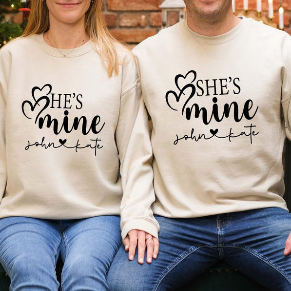 Custom Names With He's Mine & She's Mine Long Sleeve Couple T-Shirts