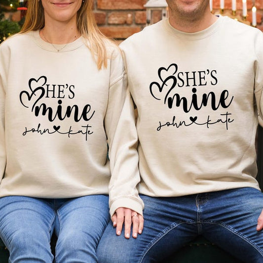 Custom Names With He's Mine & She's Mine Long Sleeve Couple T-Shirts