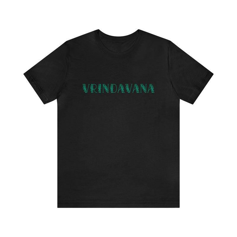 Black jersey T-Shirt with "VRINDAVANA" text in green floral pattern.