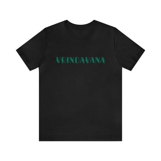 Black jersey T-Shirt with "VRINDAVANA" text in green floral pattern.