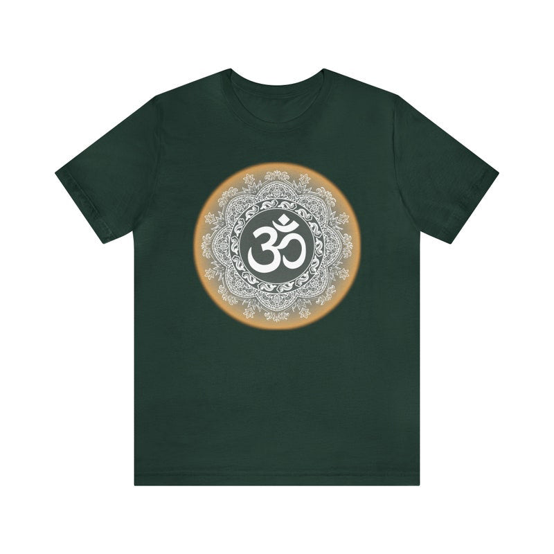 Dark green T-Shirt with a circular graphic featuring a white Om symbol within a mandala design and a light orange border.