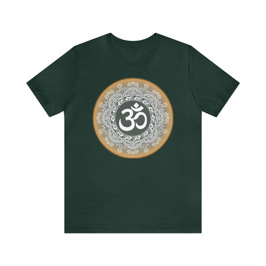 Dark green T-Shirt with a circular graphic featuring a white Om symbol within a mandala design and a light orange border.
